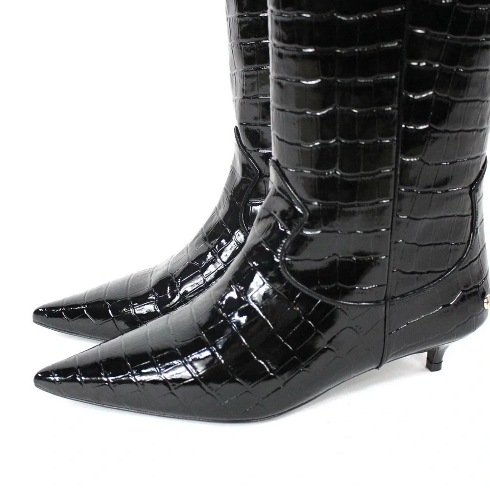 Anine Bing Black Croc-Embossed Knee-High Boots size 38